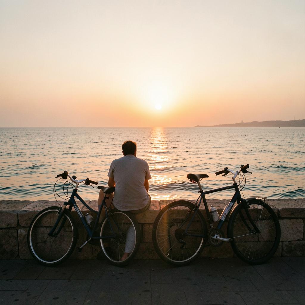 Two riders watching the sunset beside their bicycles